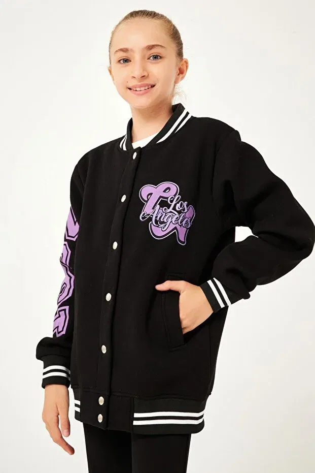 Детская куртка для девочек с принтом 1992 Print Detailed Girl's College Jacket Perendi, Black