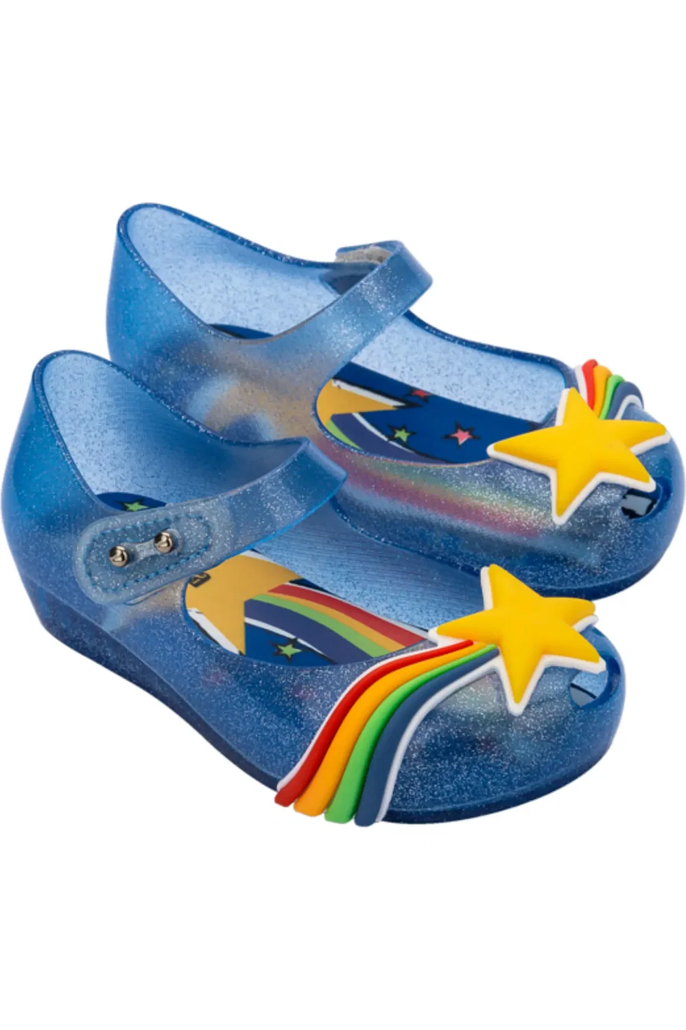 Детские туфли Мэри Джейн с регулируемым ремешком Ultragirl Colors Mini Melissa, Blue Glitter/Yellow