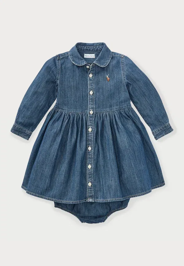 Комплект из платья и шорт хлопковый Shirred denim shirtdress & bloomer Polo Ralph Lauren Indigo, индиго