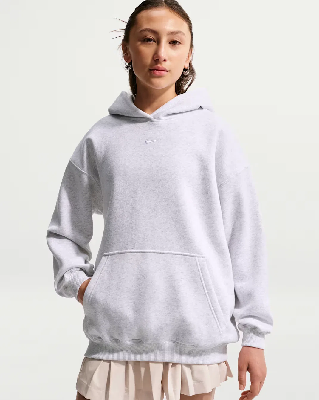 Детская толстовка с капюшоном оверсайз Nike Sportswear Studio Fleece, Birch Heather/White — фото 3