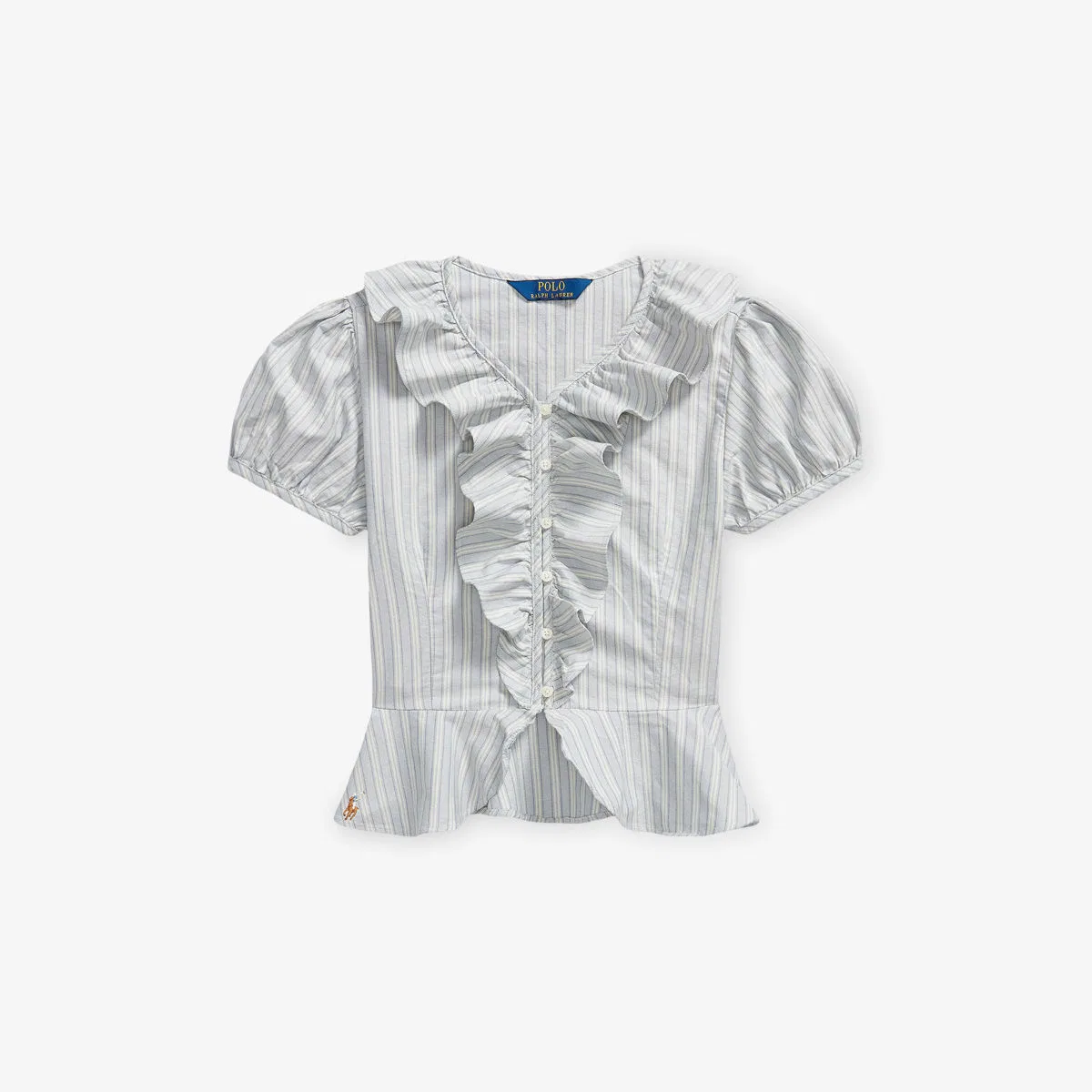Детская полосатая хлопковая рубашка с оборками Polo Ralph Lauren, голубой
