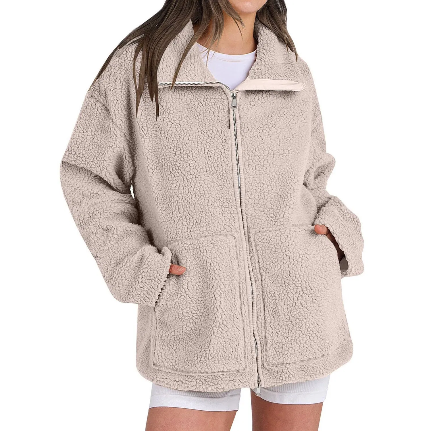 Женская куртка из флиса с молнией и воротником-шалью, Beige — фото 2