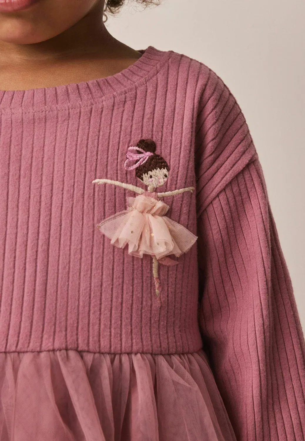 Платье с длинными рукавами из ребристой сетки - повседневное платье Next, Mauve Purple Fairy — фото 3