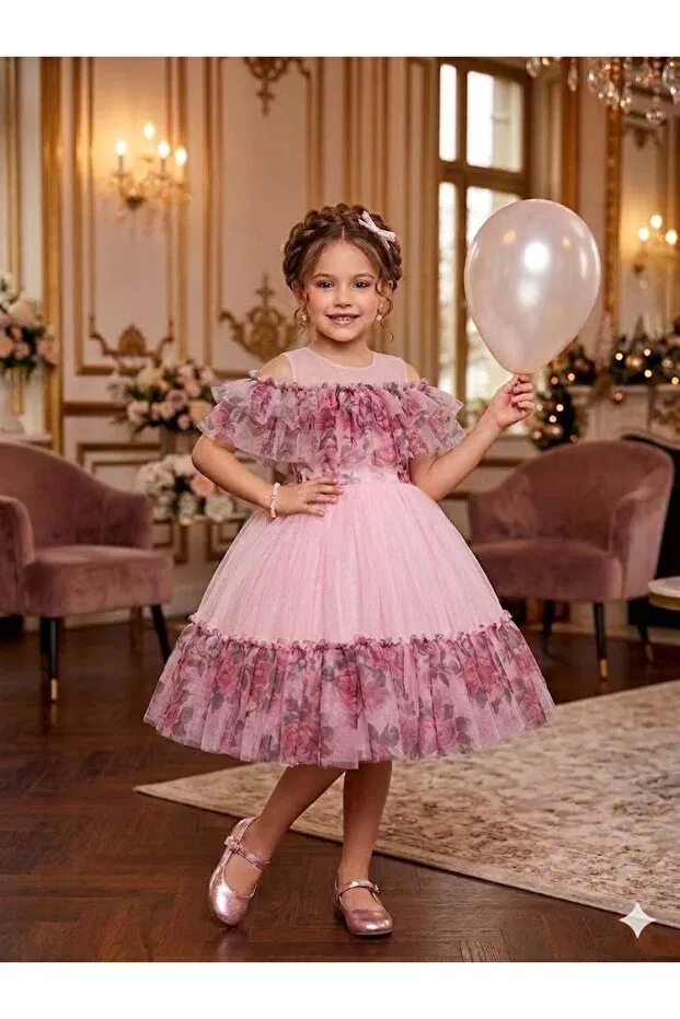 Детское платье для девочек с принтом Rose Printed Ruffle Dress Luiva Kids, Pink — фото 4
