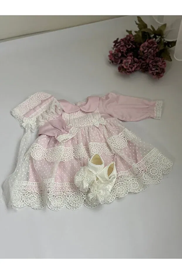 Детский комплект для новорожденных с защипами Sare model girl baby ruched dress newborn luxury dress set - hospital release and mawlid set Cherub Baby, Pink — фото 3