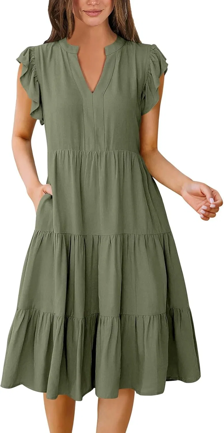 Платье миди с рюшами и летучими рукавами Generic, Army Green