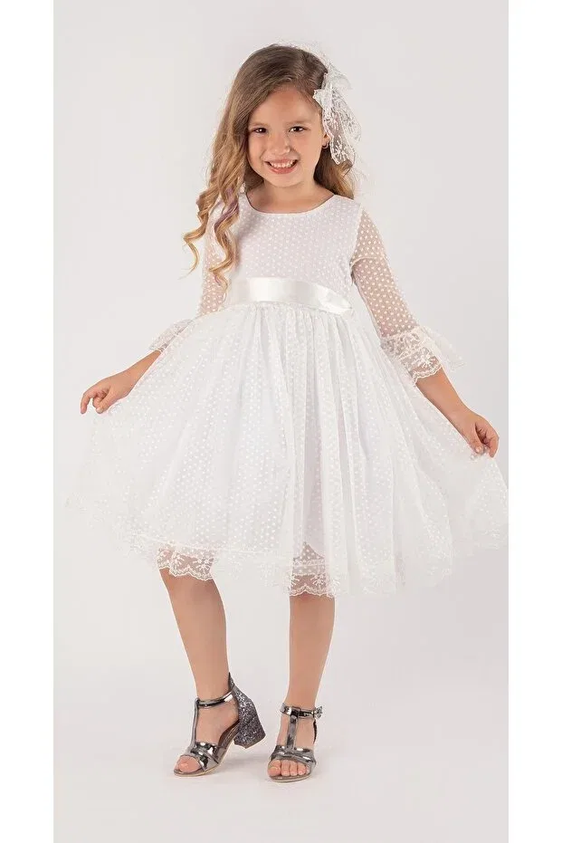Детское платье для девочек с принтом Double Hat Bow Polka Dot Period Dress Mnk, White — фото 4