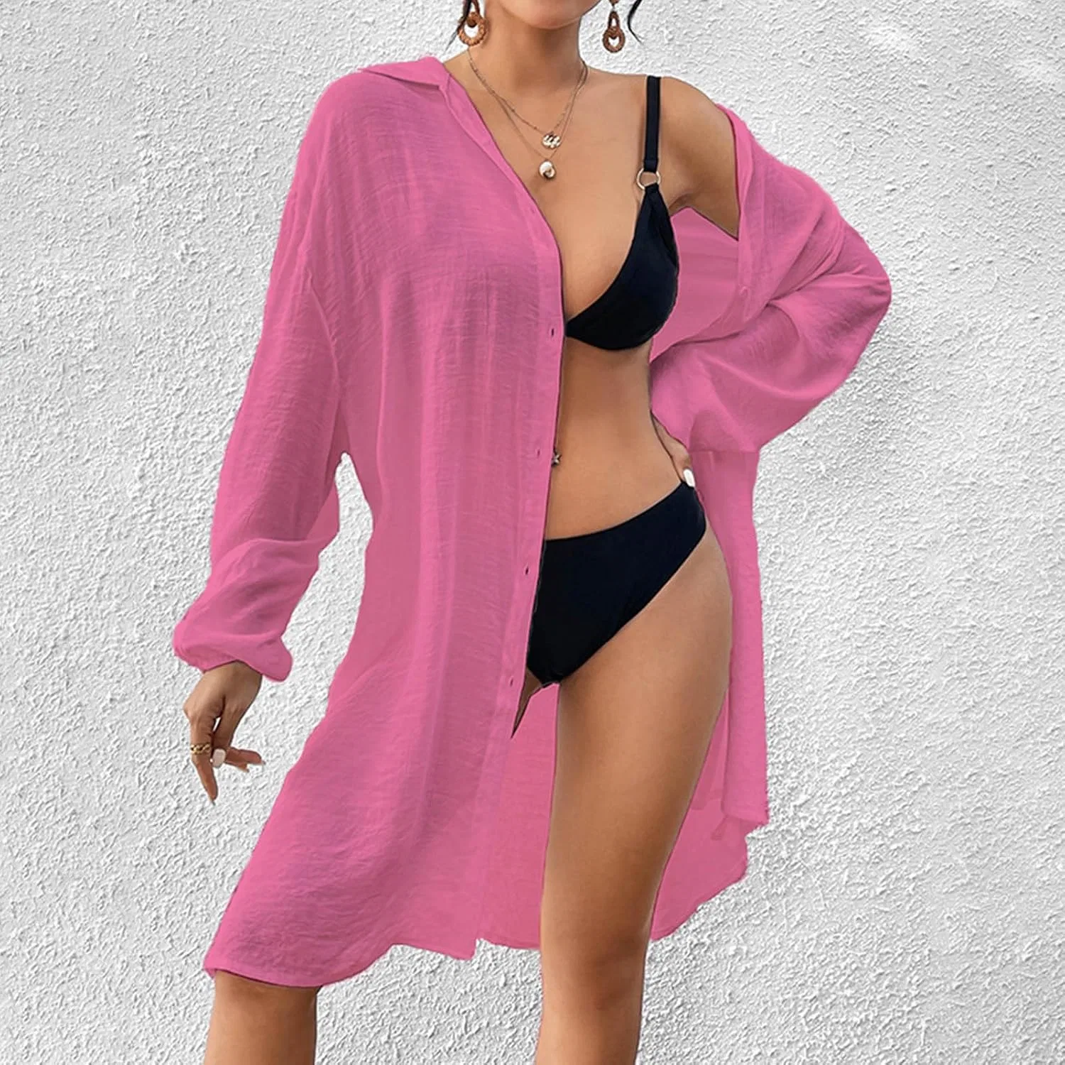 Женская легкая рубашка-платье для пляжа с длинным рукавом, Hot Pink — фото 4
