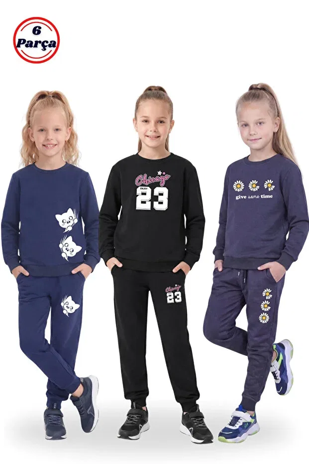 Детский комплект спортивного костюма для девочек с принтом Fyk Collection, Navy Black Smoked