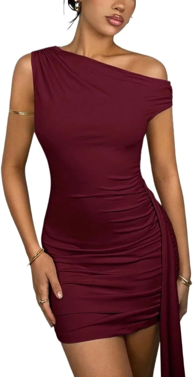Женское мини-платье с асимметричным вырезом bodycon, Burgundy