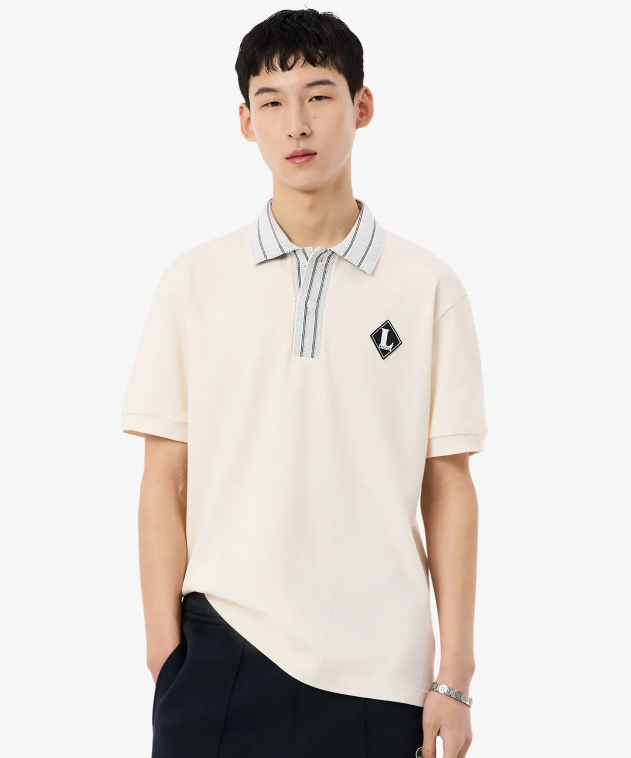 Мужская хлопковая футболка-поло с длинным рукавомLACOSTE, Off White — фото 2
