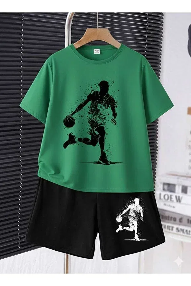 Детский комплект футболки и шорт с принтом Ball Playing Man Nice Clothes, Bottom Black Top Green