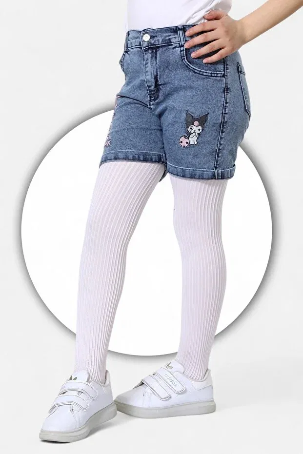 Детские шорты для девочек с вышивкой Kuromi Embroidered-Cotton-Snow Washed-Half Elastic-Shorts For Girls Modiclas, Blue — фото 4