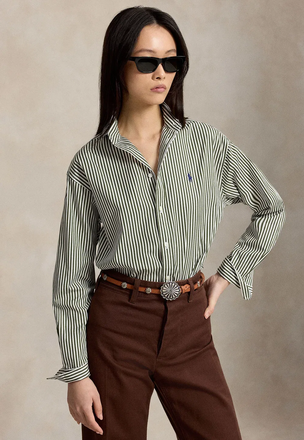 Свободная полосатая хлопковая рубашка - блузка на пуговицах Polo Ralph Lauren, Classic Drab/White