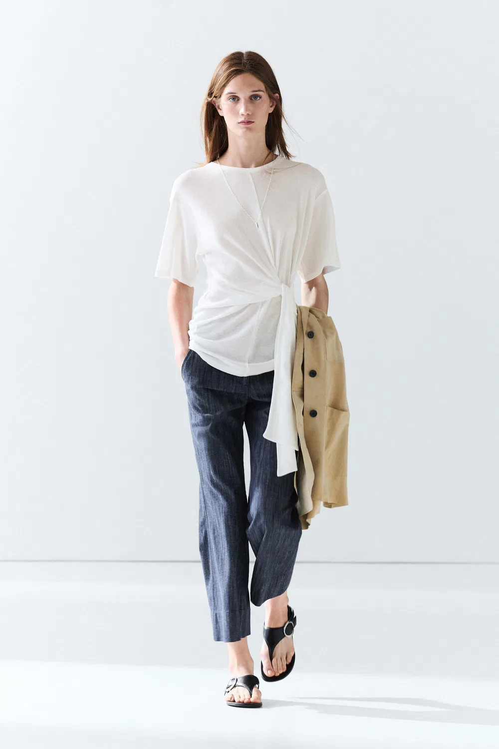 Футболка Massimo Dutti Short Sleeve With Tie Detail, кремовый — фото 3