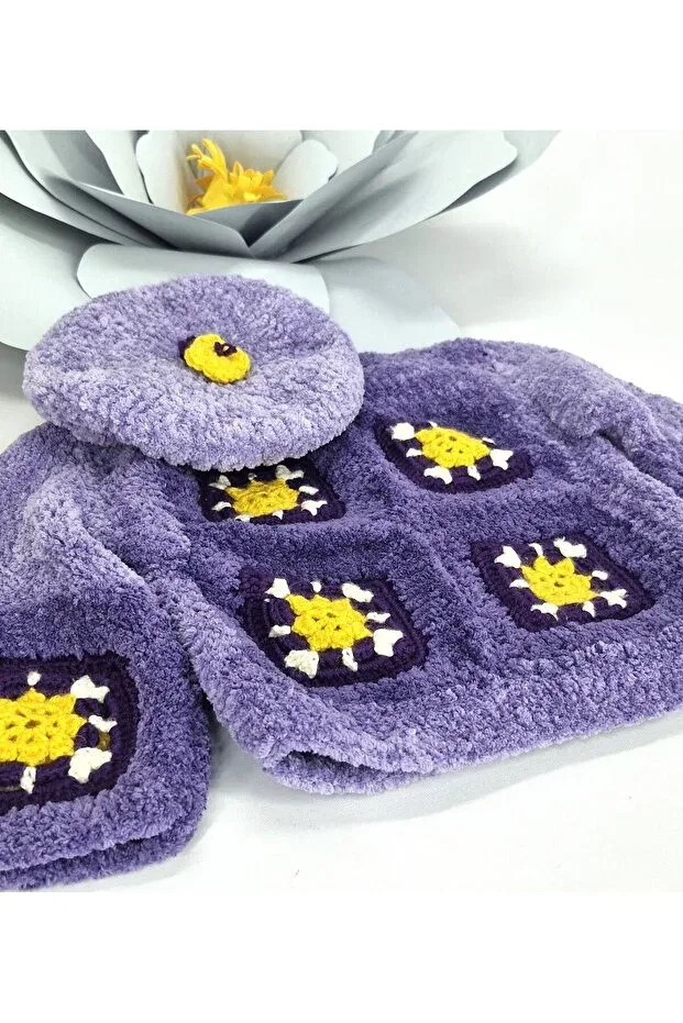 Детский кардиган для девочек с длинным рукавом Hand knitted motif plush girl's cardigan&beanie Evitle, Purple — фото 3