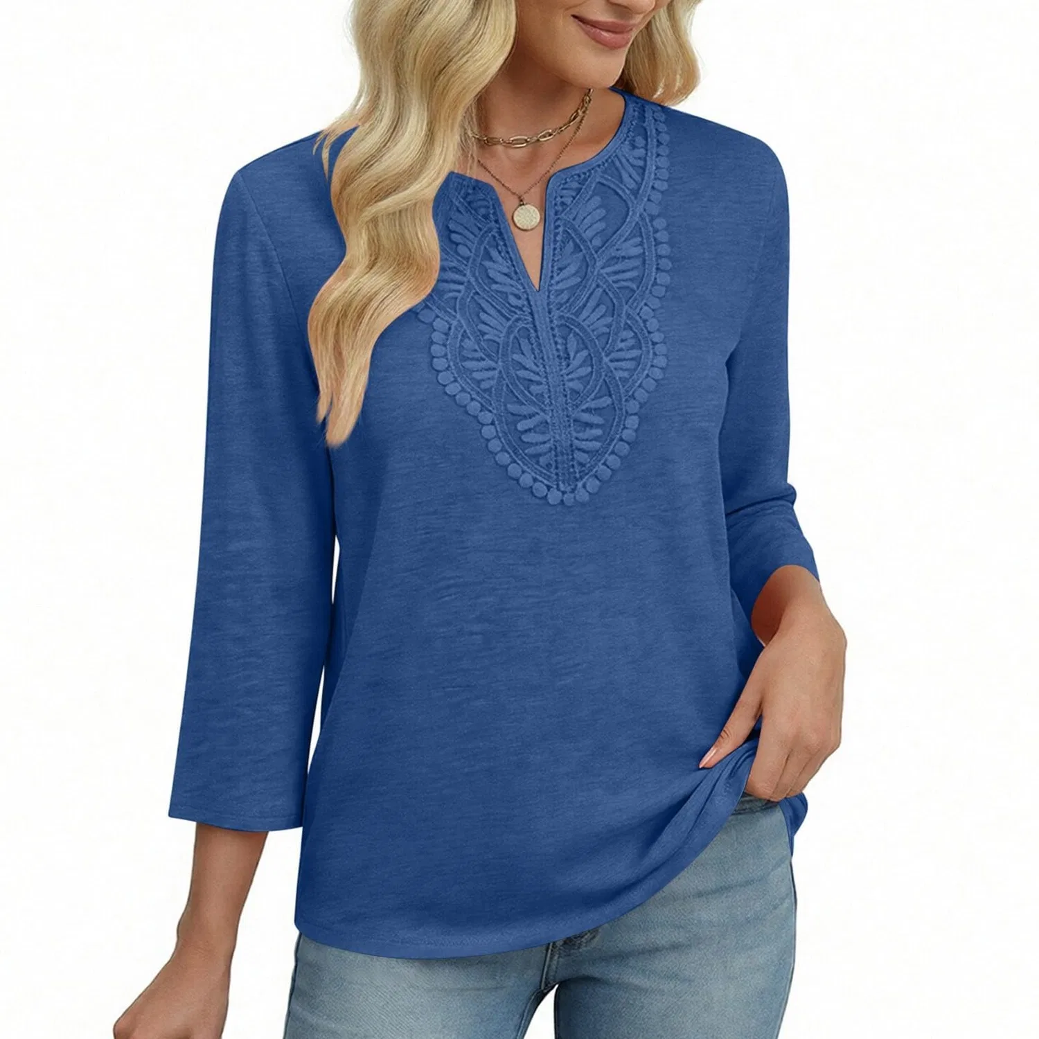 Женская льняная туника с вышивкой Retro 3/4 Sleeve Boho Casual Loose Fit Lightweight Summer Beach Blouse, C-blue — фото 2