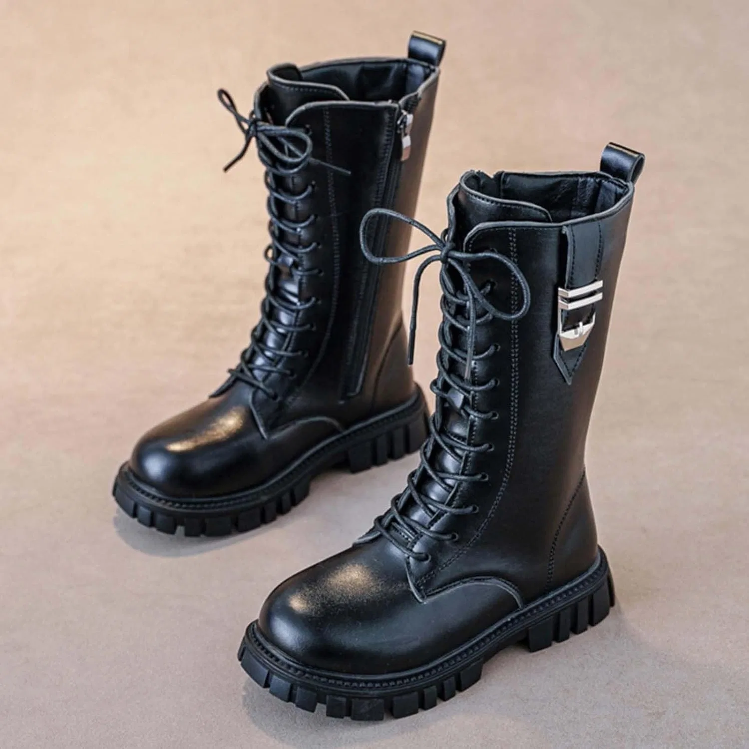 Детские ботинки для девочек на шнуровке с боковой молнией, модель Combat Boots, PU кожа, Black — фото 4
