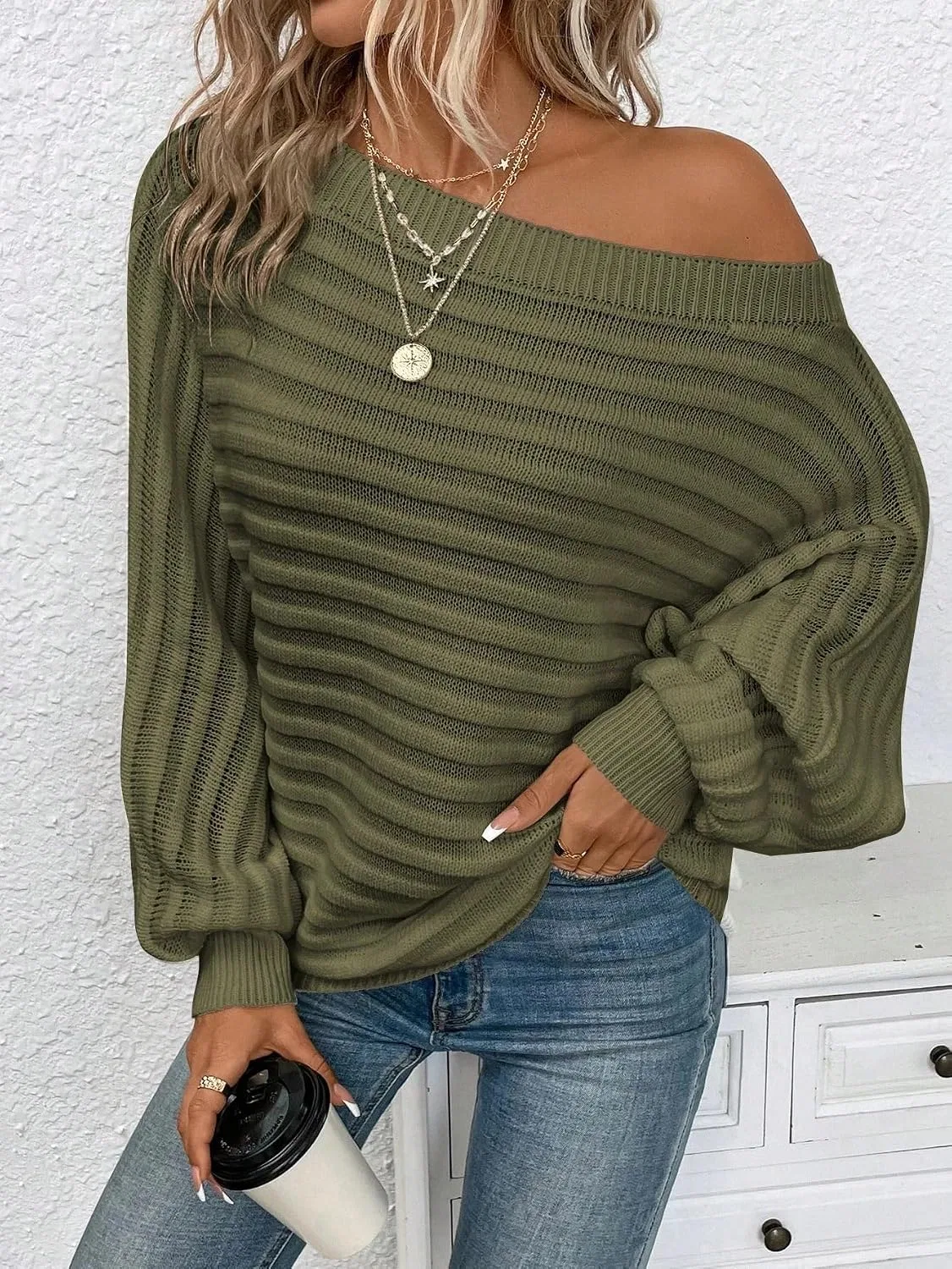 Женский пуловер с рукавом-кимоно, модель Pullover Sweater Top, армейский зелёный — фото 2