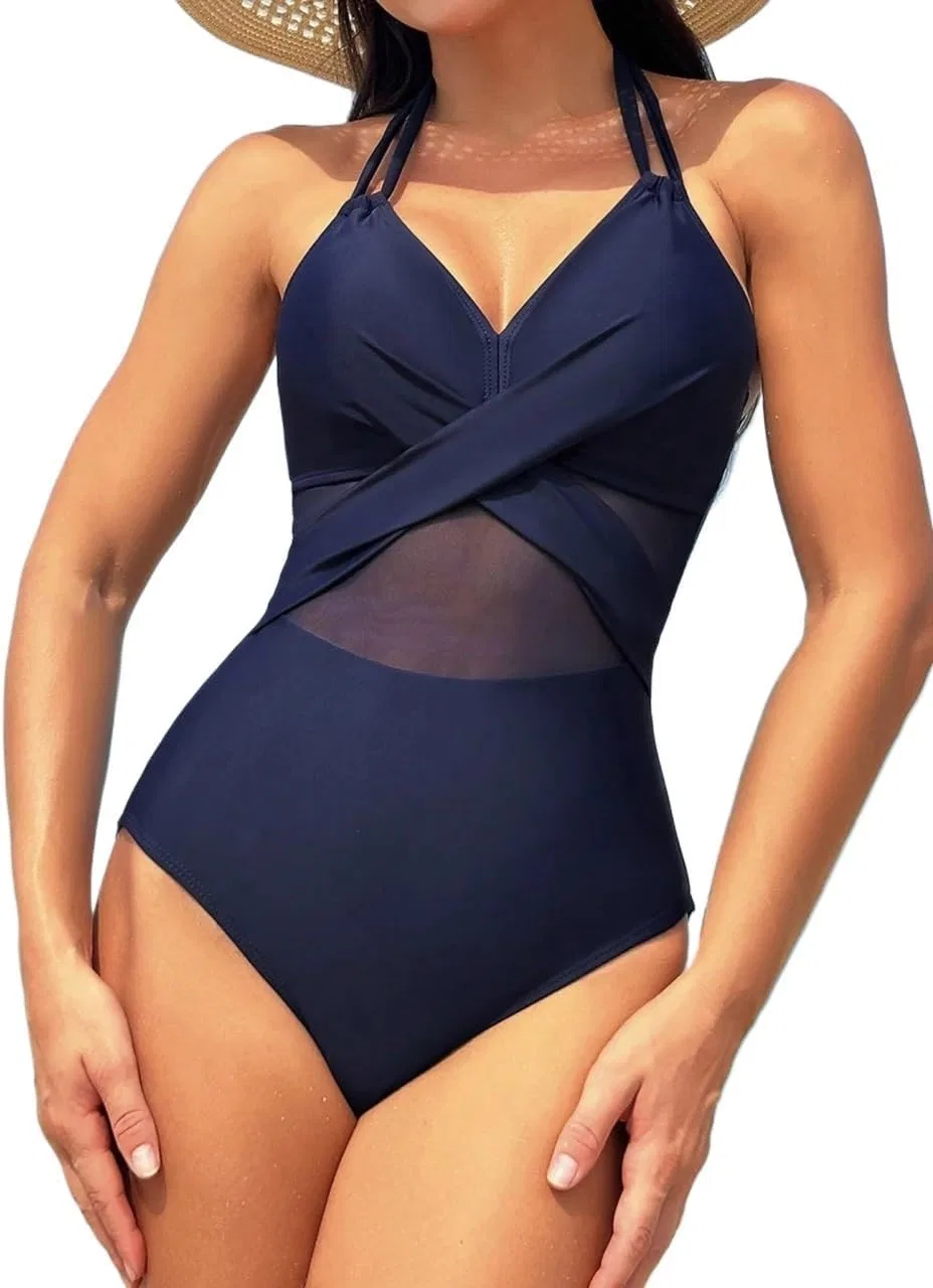 Женский цельнокроеный купальник с цветными блоками и запахом Generic, Navy Blue