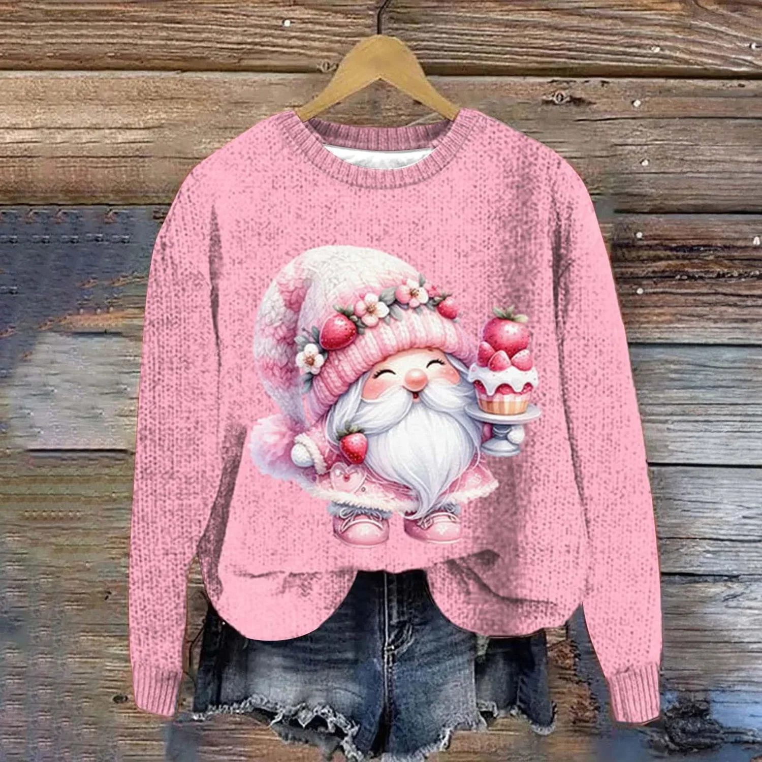 Женский свитшот с принтом Ugly Santa Claus, Z01 Pink — фото 3