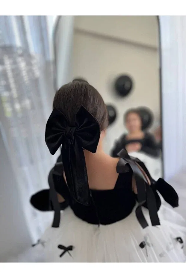 Детское платье для девочек с принтом Black bow detail princess girl's party dress + buckle + oversleeve Sarena, Black — фото 4