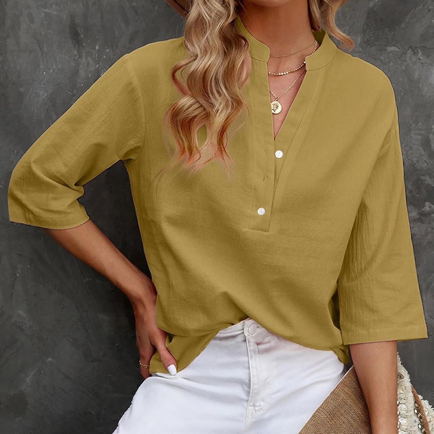 Женская блуза с V-образным вырезом Button Down Linen, Yellow — фото 2