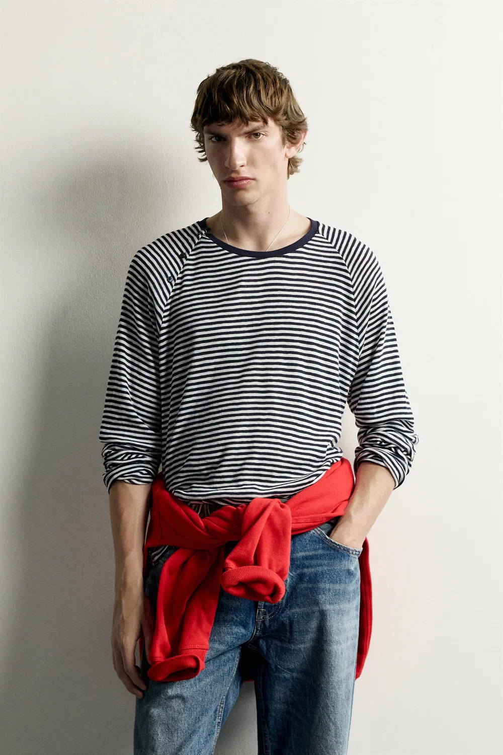 Футболка в полоску с пуговицами на воротнике ZARA, Navy/White — фото 2