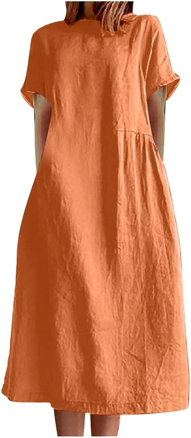 Платье-миди свободное из хлопка и льна, Orange