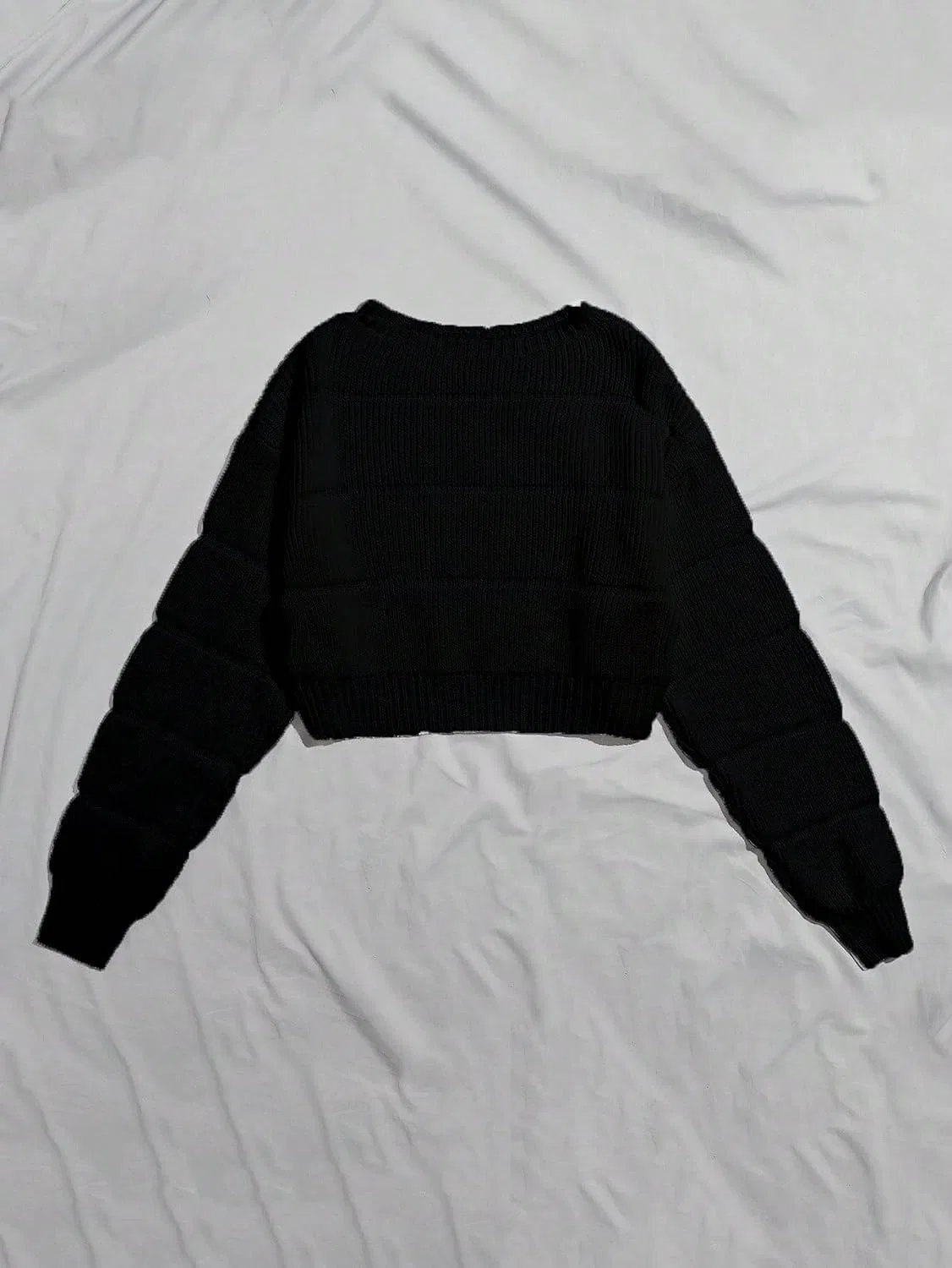 Женский свитер с круглым вырезом, с длинным рукавом, Regular Fit, Rib-Knit, чёрный — фото 3