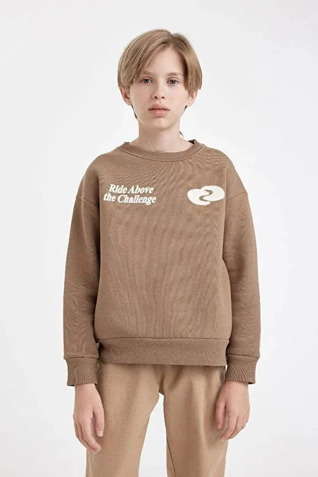Детские свитшот для мальчиков с принтом Oversize wide fit crew neck printed mink boys' sweatshirt d3968a8/bn296 Defacto, Coffee-Bn296 — фото 4
