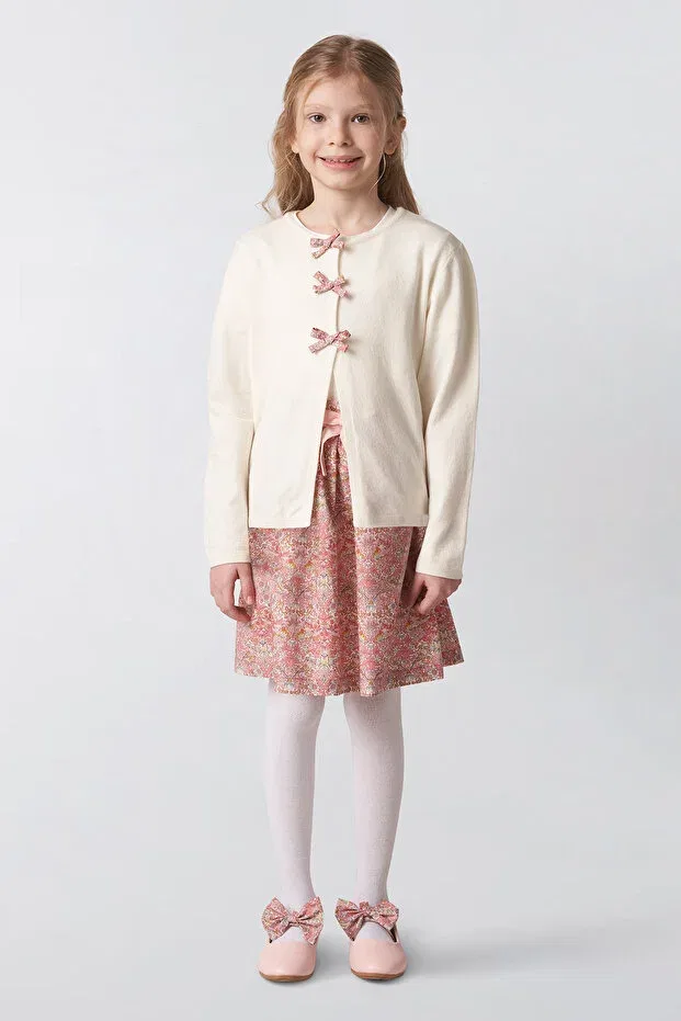 Детский кардиган для девочек с длинным рукавом Liberty Fabric Ribbon Detailed Panço, Ekru