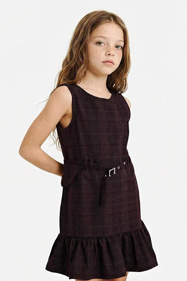 Детское платье для девочек с принтом Checked Pack Of Belt Brown Girls' Dresses G6894A8/BN130 Defacto, Coffee-Bn130 — фото 3