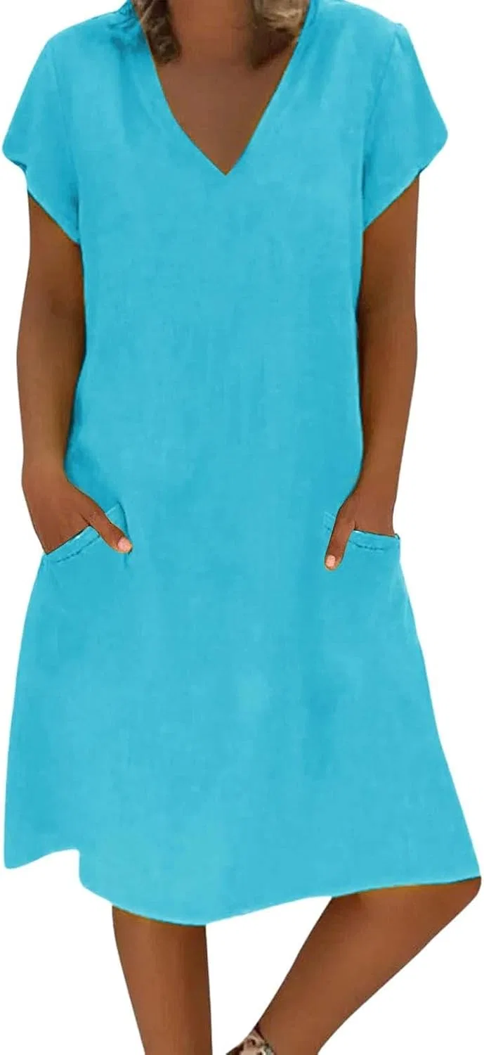 Женское платье миди с V-образным вырезом Cotton Linen, Sky Blue