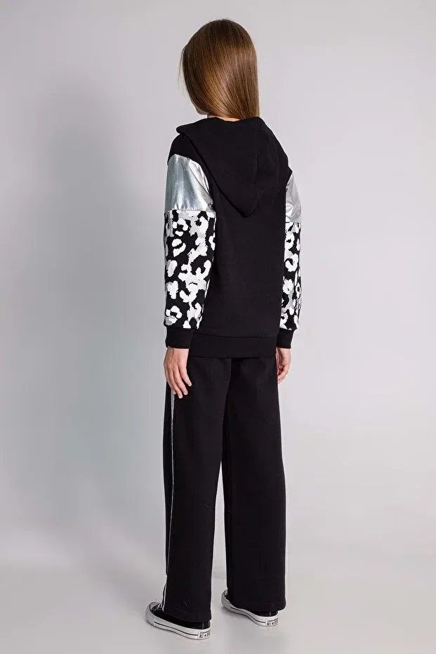 Детский спортивный комплект для девочек с принтом Leopard printed leaf printed hooded Waka Waka, Black — фото 2