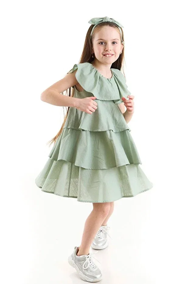 Детское платье для девочек с воланами Tulip flounced linen girl's dress Colorinas, Oil Green — фото 3