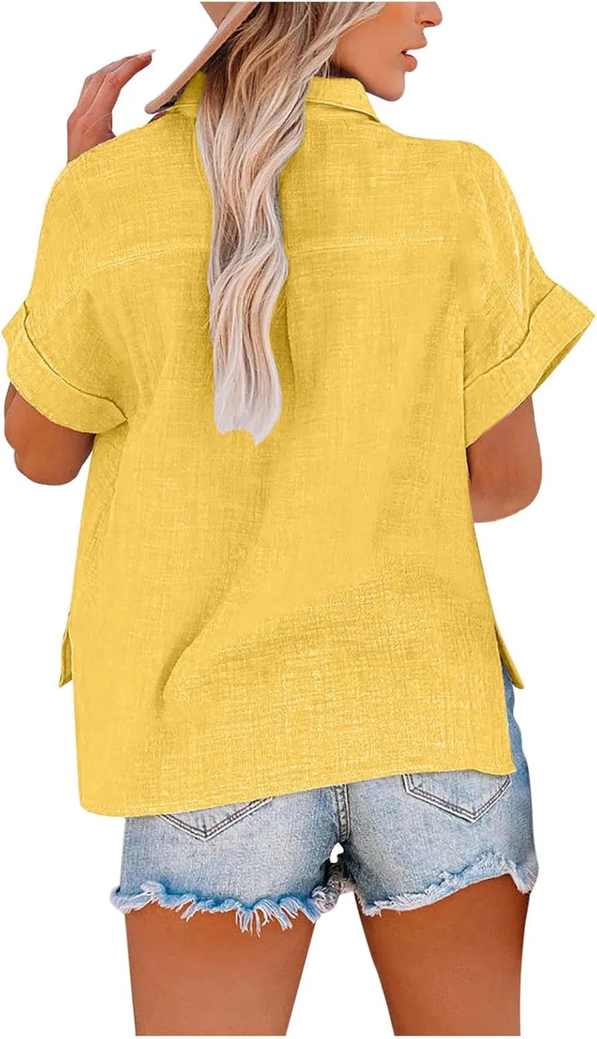 Женская льняная блуза с коротким рукавом оверсайз Generic, D-yellow — фото 2
