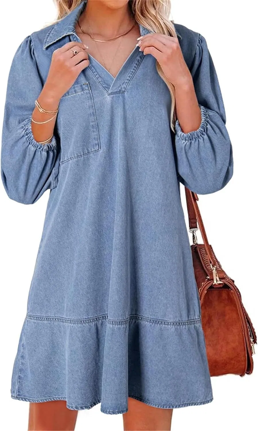 Женское джинсовое платье с V-образным вырезом и рукавами 3/4, Light Blue
