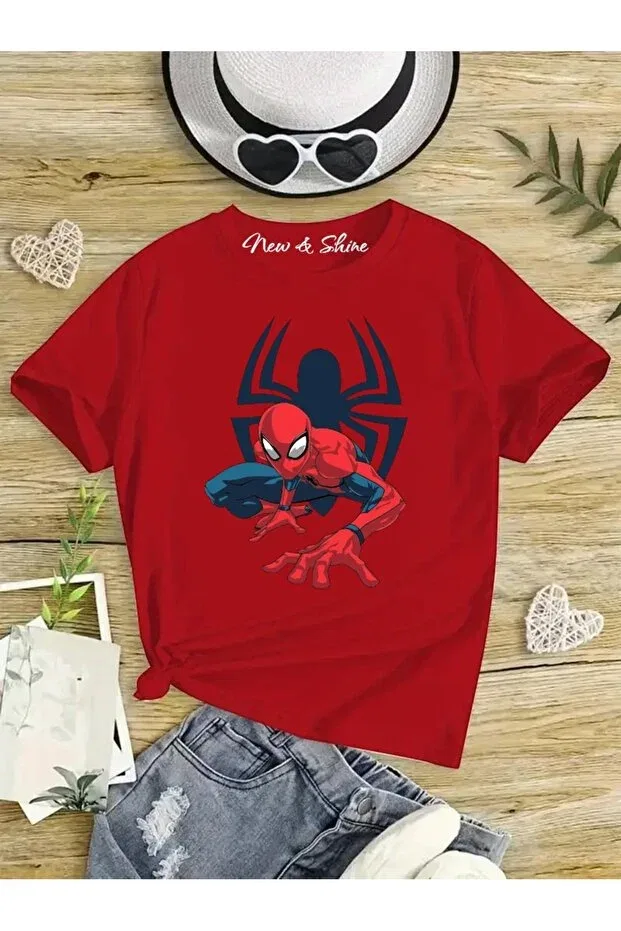 Детская футболка для девочек оверсайз с принтом Emblem Spiderman New Shine, Red