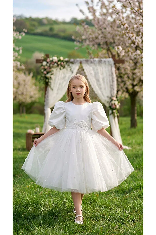 Детское платье для девочек с длинным рукавом Pearl detailed tulle skirt girl's evening dress Lindissima, White — фото 2