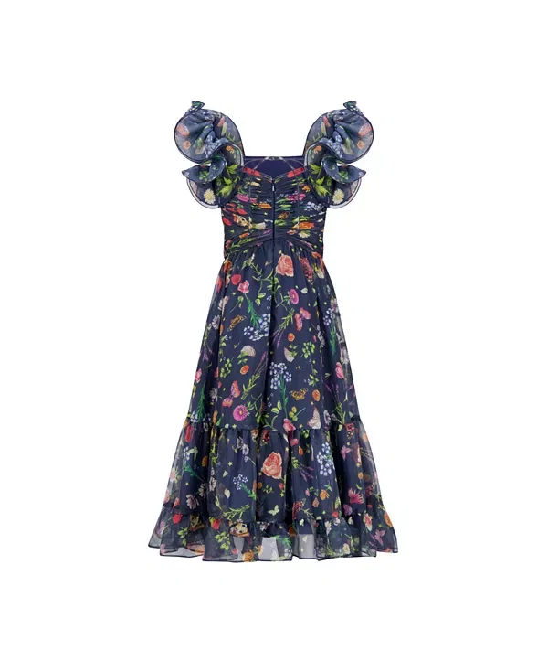 Детское платье для девочек с принтом Ruffle Shoulder Chiffon Gown Mac DUGGal, Midnight Multi — фото 3