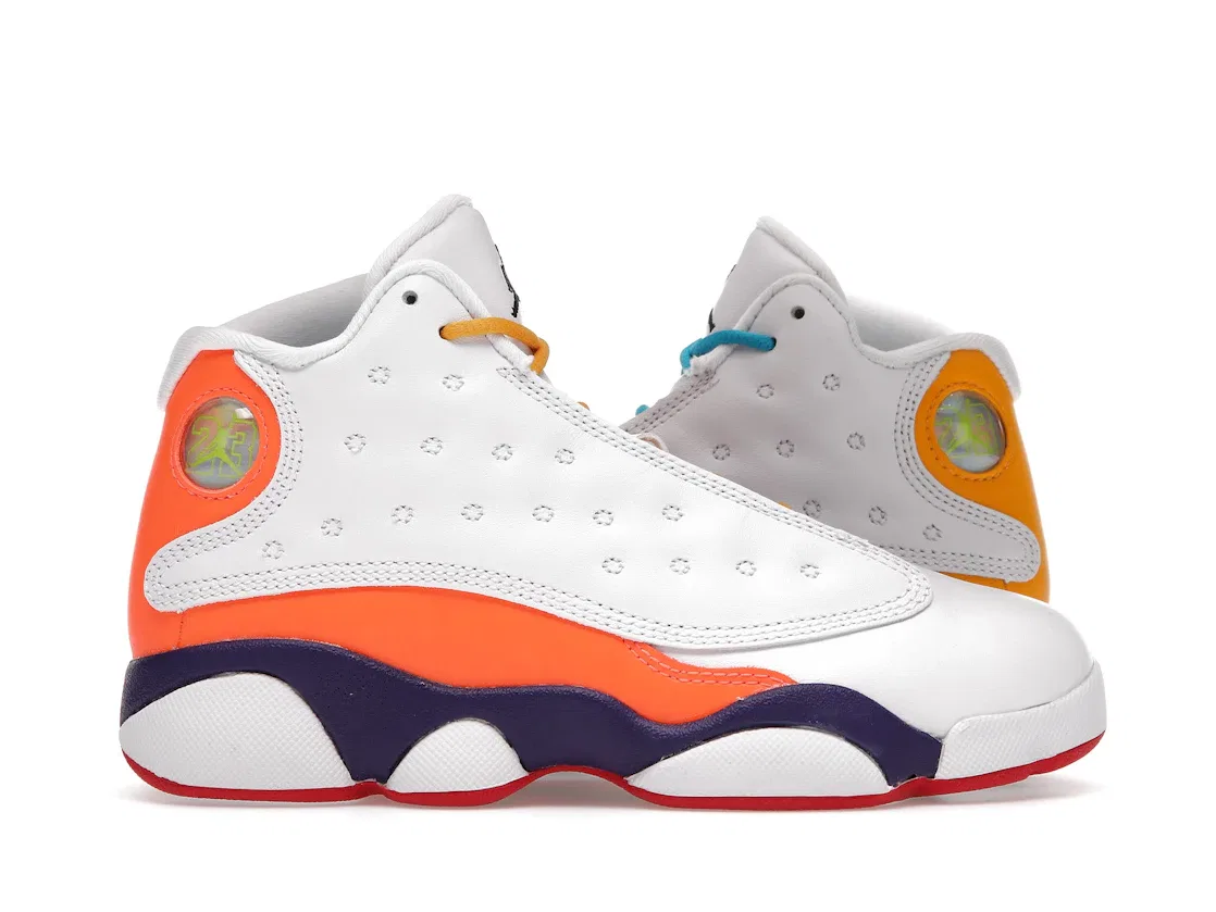 Детские кроссовки для мальчиков с принтом Jordan 13 Retro Jordan, White/Black-Court Purple-Total Orange-Pine Green