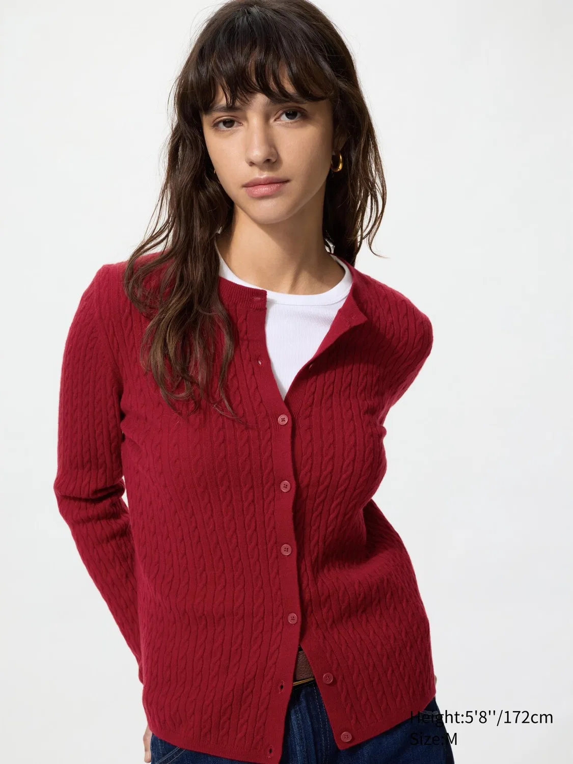 Кардиган Uniqlo с круглым вырезом и мини-косой вязкой, красный