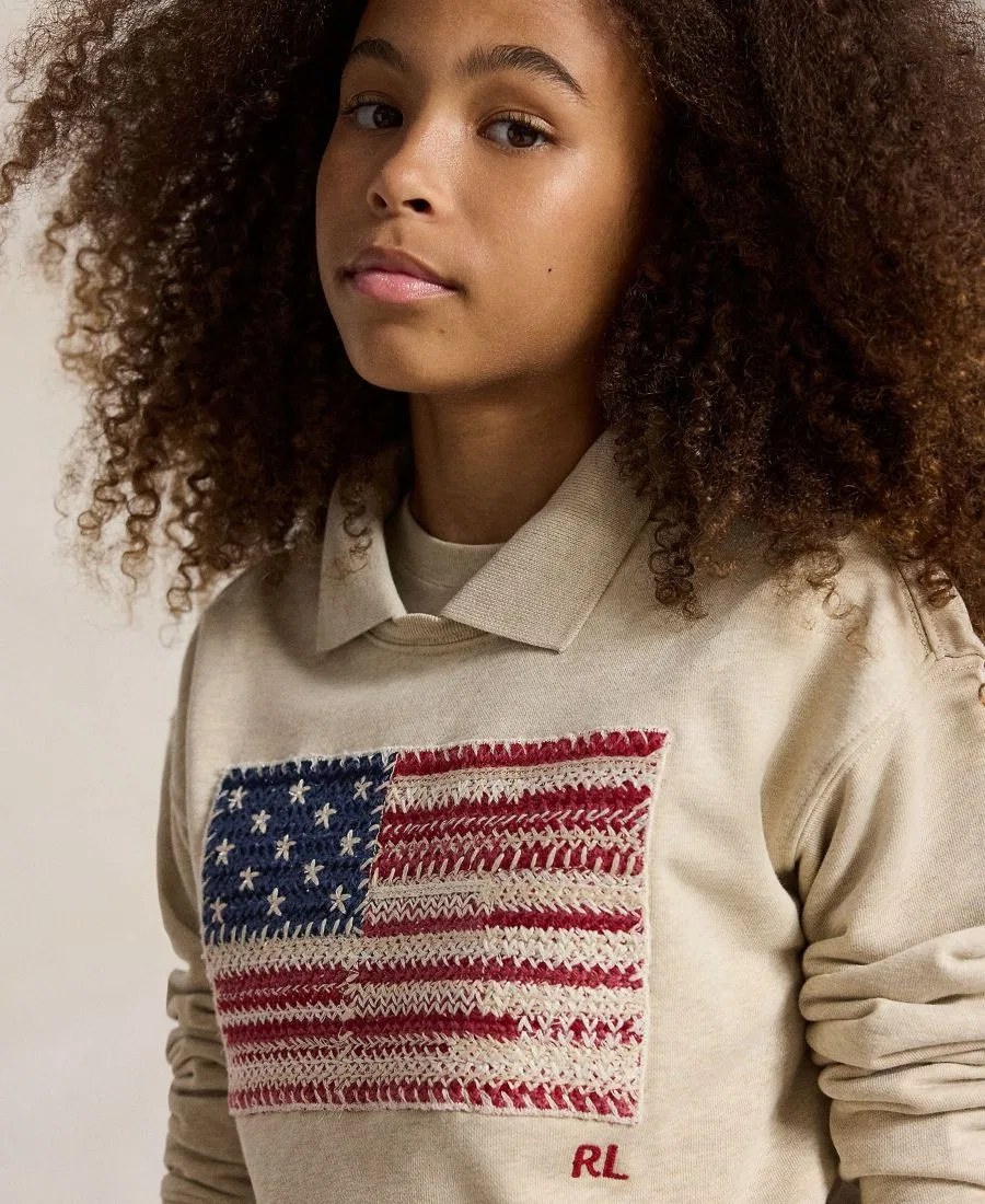 Свитшот с длинным рукавом и воротником-поло с аппликацией флага Flag Terry Long-Sleeve Collared Sweatshirt Polo Ralph Lauren, Expedition Dune Heather — фото 2