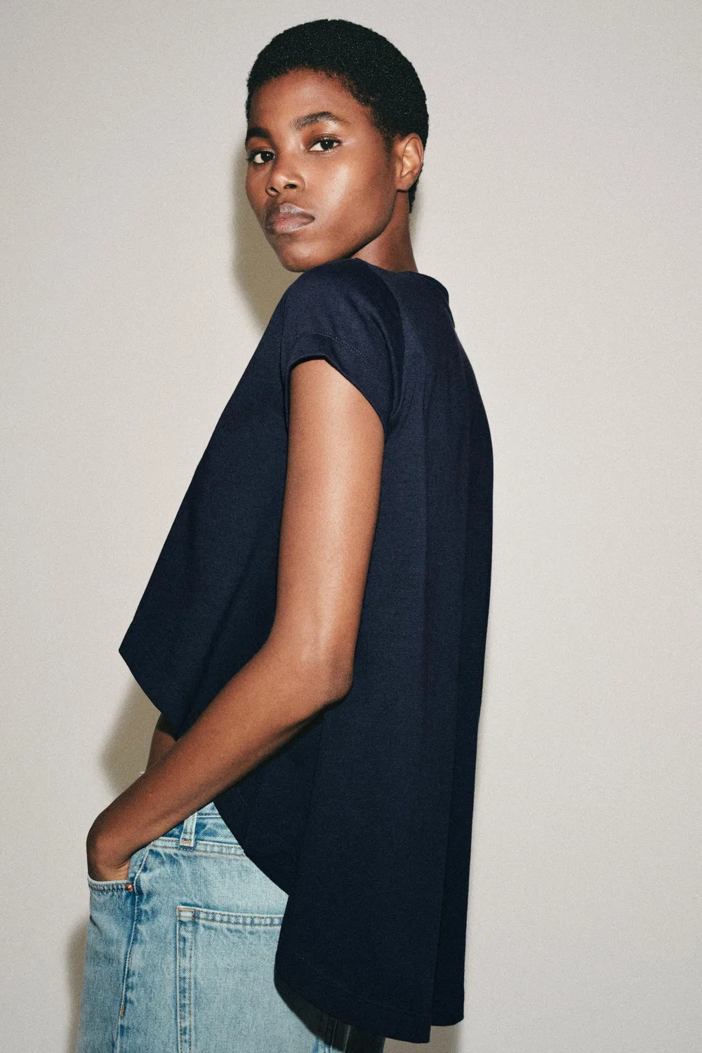 Асимметричная хлопковая футболка ZARA, Navy blue — фото 4
