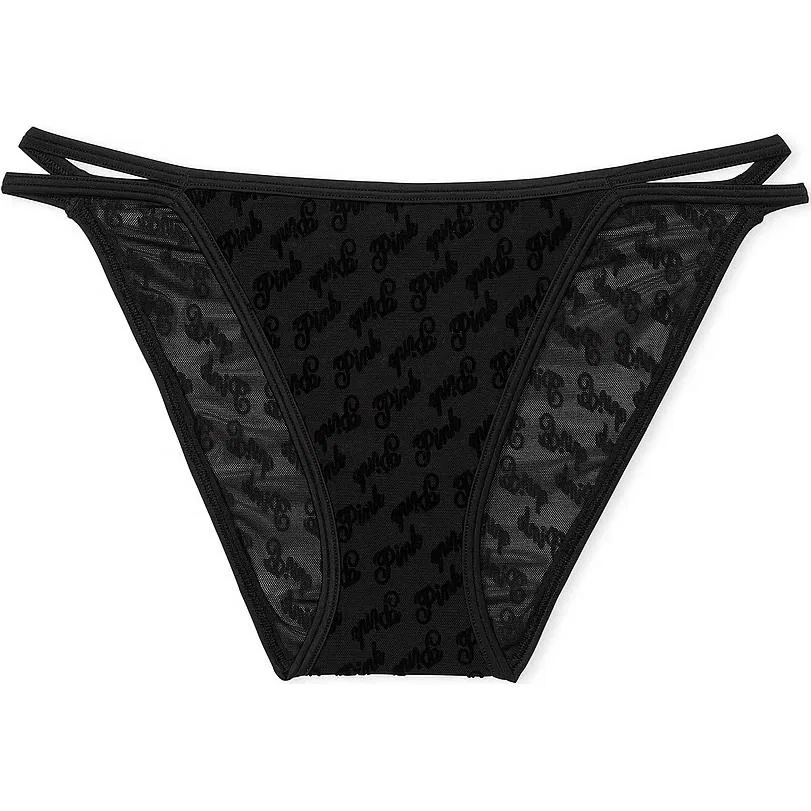 Женские трусы с сетчатыми бретелями, модель PINK Logo Mesh Strappy Cheeky Panty, Victoria's Secret, Pure Black