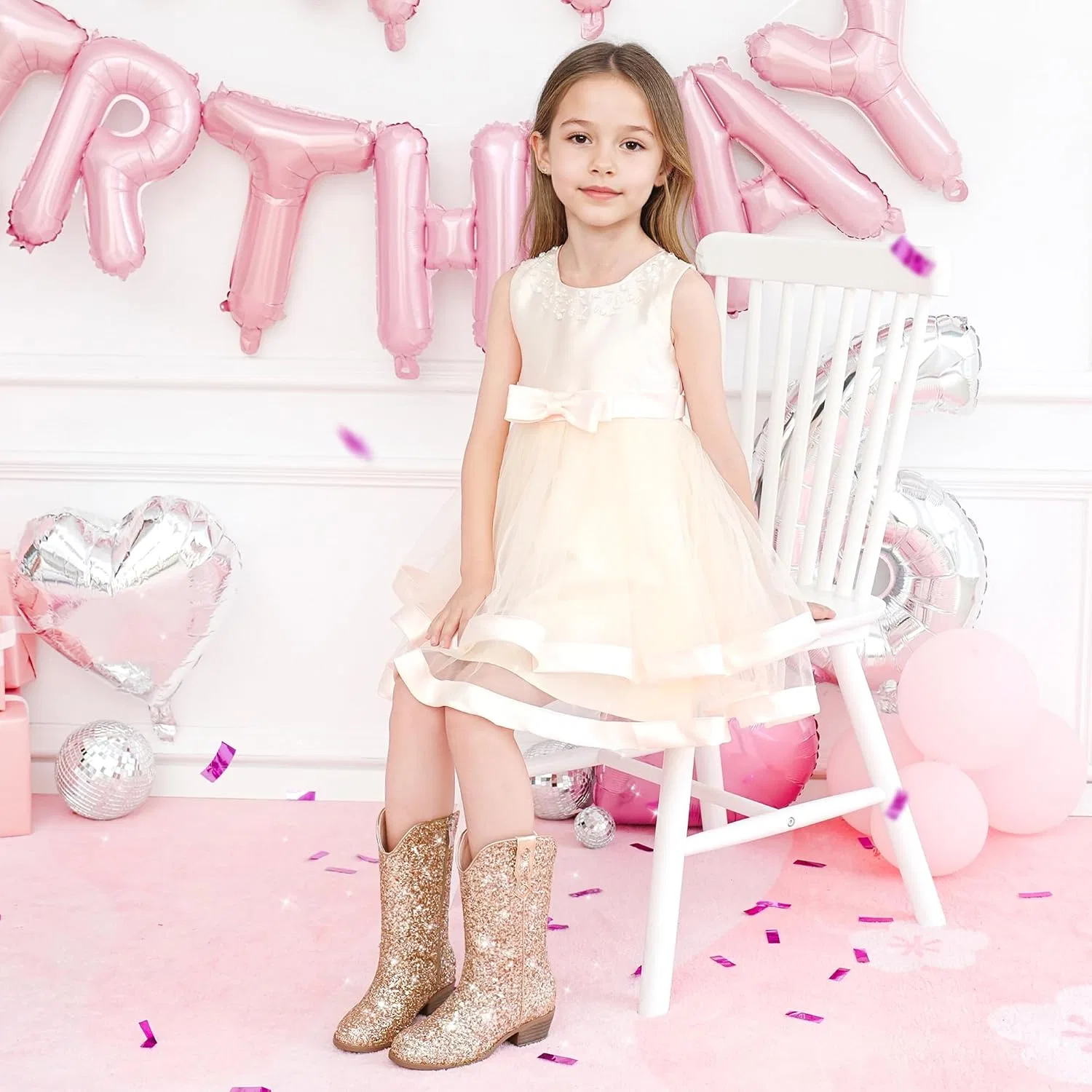 Детские сапоги для девочек с блестками Cowgirl Boots Motasha, Rose Gold Sequins — фото 3