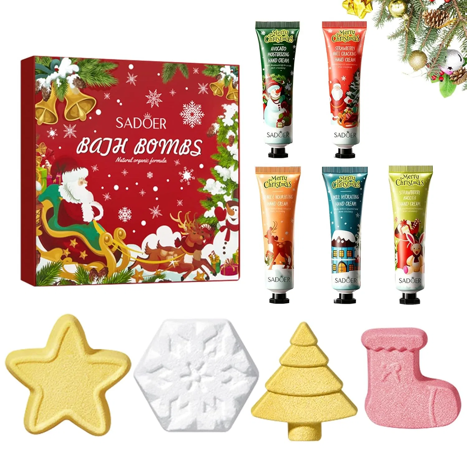 Набор бомбочек для ванны 4 шт + набор кремов для рук 5 шт, Christmas, exatta, Peppermint