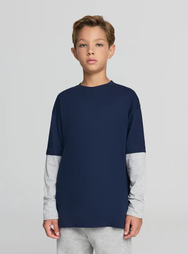 Футболка с длинным рукавом из хлопка Bicolor Terranova, Blu Denim Scuro, синий — фото 2