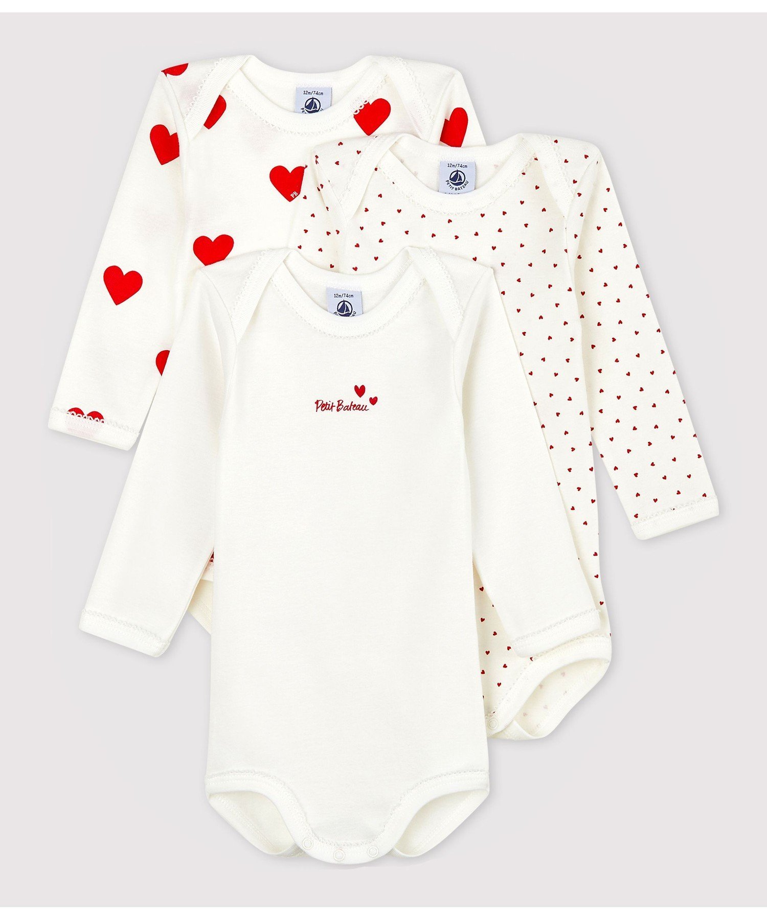 Боди с длинными рукавами и принтом в виде сердечек (комплект из 3 штук) PETIT BATEAU, Color 1